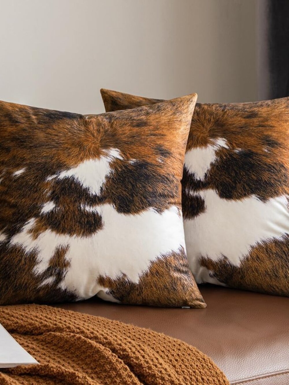 Faux Fur Cowhide Throw Pillow Covers 16x16 Inch White Brown